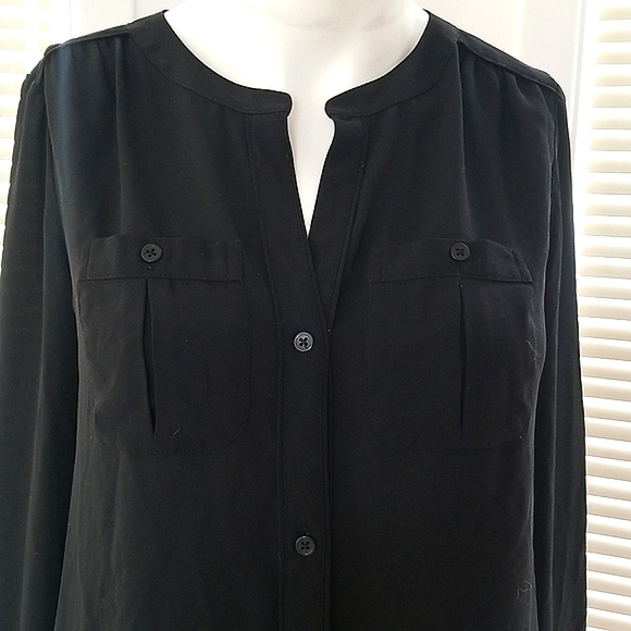 LOFT Black Sheer Band Collar Long Sleeves Top with pockets - Picture 2 of 4